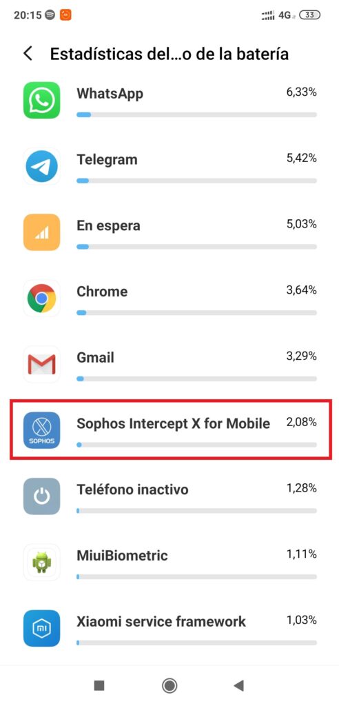 uso de bateria sophos intercept x