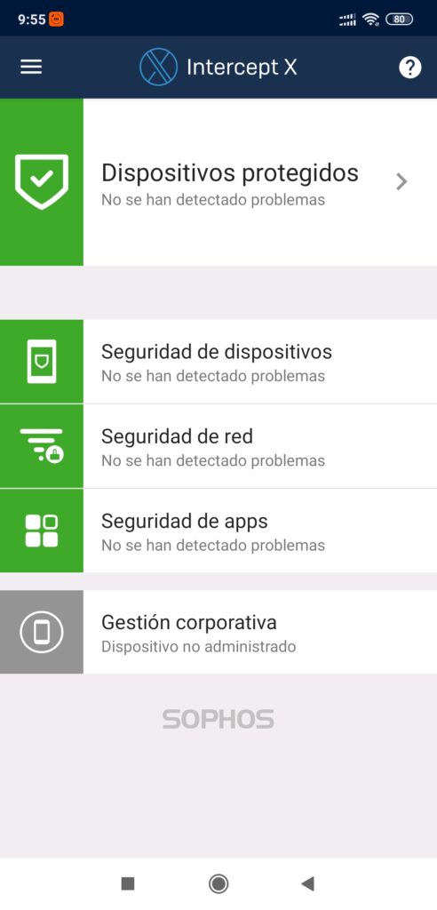 sophos intercept x - menú principal